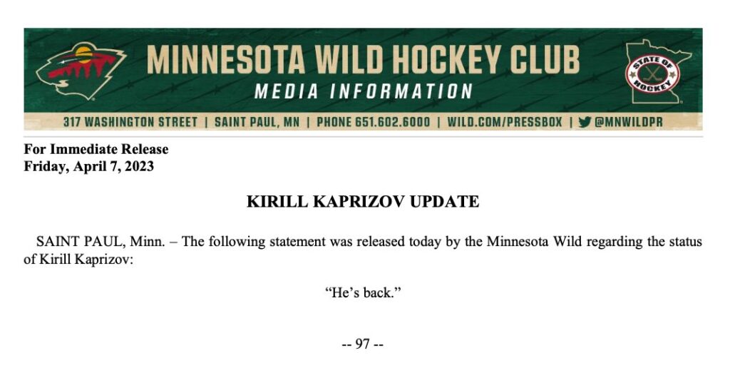 When will Kirill Kaprizov return? Injury details, return date